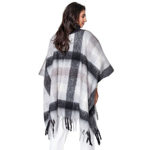 Load image into Gallery viewer, Poly Black Plaid Long Zip Fringe Poncho  for Women
