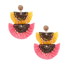 Load image into Gallery viewer, Yellow and Pink Raffia Tassel Earrings
