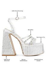 Load image into Gallery viewer, Lustrous Mirror Embellished Flare Heel Sandals
