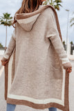 Pocketed Contrast Long Sleeve Hooded Cardigan
