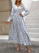 Load image into Gallery viewer, Smocked Printed V-Neck Flounce Sleeve Dress

