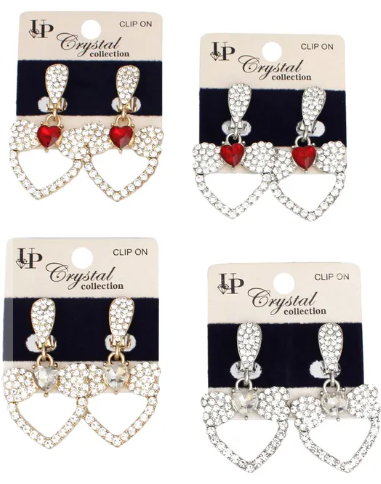 Dozen Pack Clip On Pave Heart Bow Earrings Women