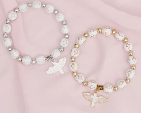3038 - Cross Bead Winged Cross Charm Bracelets