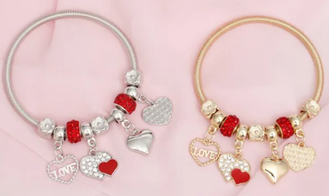 3042 - Red 4 Heart Charm Jump Coil Bracelets