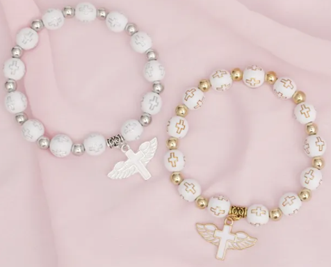 3038 - Cross Bead Winged Cross Charm Bracelets