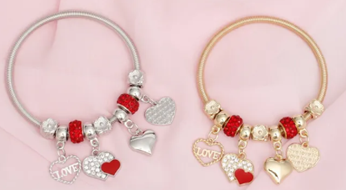 3042 - Red 4 Heart Charm Jump Coil Bracelets