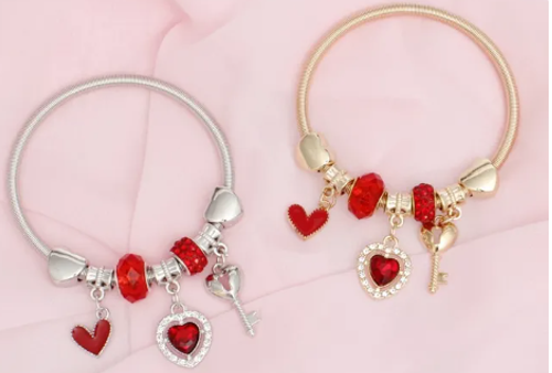 3036 - Red Heart Key Charm Jump Coil Bracelets