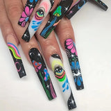 Press On Nails Long Length Fake Nails Flame Star & Snake False Glue On Coffin Ballet French Nails Static Nails For Women Girls