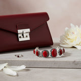 Linked Cracked Red Oval Burnished Silver Bracelet