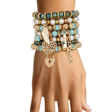 Cargar imagen en el visor de la galería, Love Charm Pearl Turquoise Bead Bracelet Set
