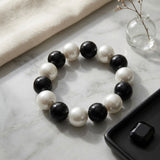 Black Bead White Pearl 15mm Stretch Bracelet