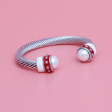 DST Red White Thick Cable Classic Silver Bangle