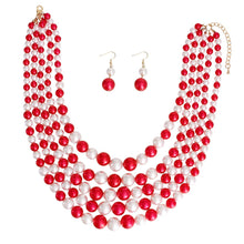 Load image into Gallery viewer, Red and White Pearl 5 Strand DST Necklace Set|18 inches
