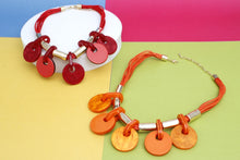 Load image into Gallery viewer, Collar Marbled Orange Disc Leather Cord Necklace
