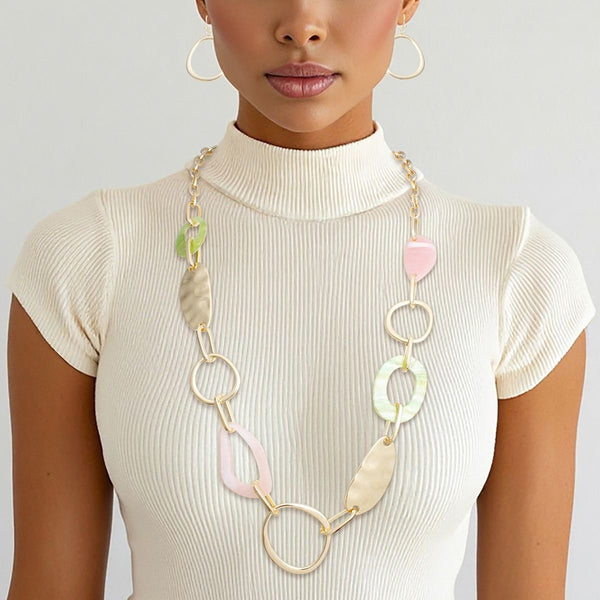 AKA Long Gold Pink and Green Link Chain Necklace