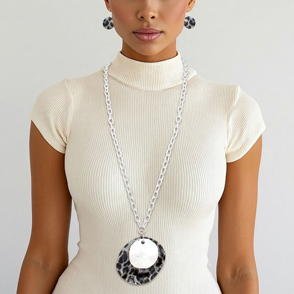 Long Leopard Pendant Silver Chain Necklace Set