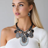 Necklace Wild Gray Leopard Print Oval Dangle Set