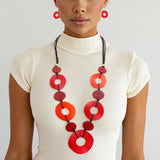 Long Linked Red Rings Black Cord Necklace Set