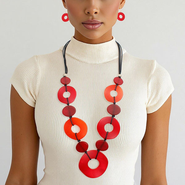 Long Linked Red Rings Black Cord Necklace Set