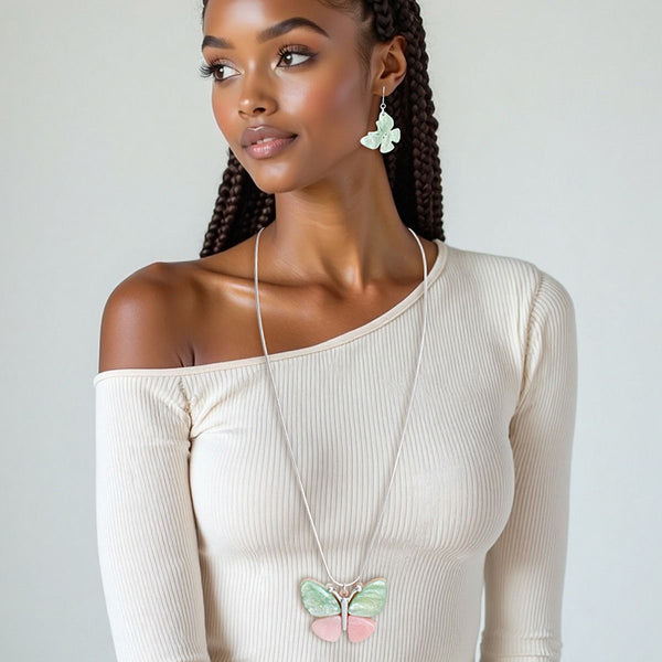 AKA Pendant Pink Green Butterfly Long Chain Set