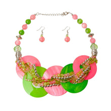 Cargar imagen en el visor de la galería, Pink and Green AKA Beaded Disc Necklace Set
