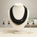 Jet Black Ball Bead Necklace Layered 3 Strand