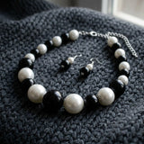 Black Bead White Pearl Chunky Graduated Necklace