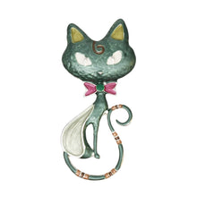 Load image into Gallery viewer, Magnetic Brooch Green Cat with Pink Bow Tie Pin
