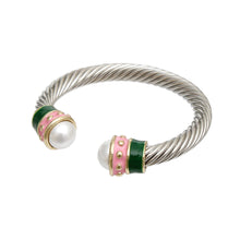 Cargar imagen en el visor de la galería, AKA Pink Green Thick Cable Classic Silver Bangle
