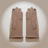 Beige Fur Stripe Leather Touchscreen Winter Gloves