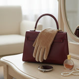 Beige Fur Stripe Leather Touchscreen Winter Gloves