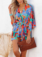 Load image into Gallery viewer, Tied Printed Kimono Sleeve Romper
