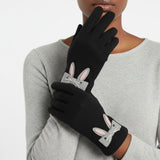 Black Woolen Cute Rabbit Touchscreen Winter Gloves
