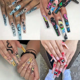 Press On Nails Long Length Fake Nails Flame Star & Snake False Glue On Coffin Ballet French Nails Static Nails For Women Girls