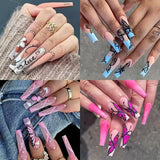Press On Nails Long Length Fake Nails Butterfly Heart & Rhinestone False Glue On Coffin Ballet French Nails Static Nails For Women Girls
