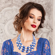 Cargar imagen en el visor de la galería, Blue and White Pearl 3 Layer ZPB Necklace Silver Set
