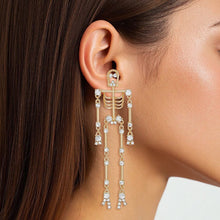 Load image into Gallery viewer, Dangle Gold Spooky Sparkle Skeleton Earrings
