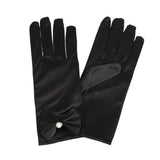 Black Satin Bow and Pearl Formal Gloves for Women