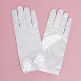 White Satin Bow and Pearl Formal Gloves for Women