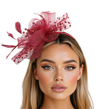 Burgundy Flower Feather Polka Dot Fascinator