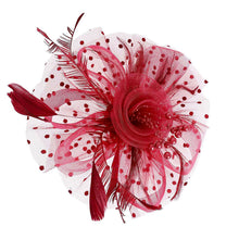 Load image into Gallery viewer, Burgundy Flower Feather Polka Dot Fascinator
