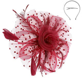 Burgundy Flower Feather Polka Dot Fascinator