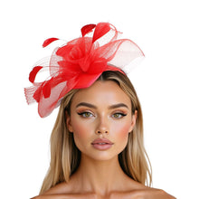 Load image into Gallery viewer, DST Red Flowers Derby Tilt Feather Fascinator

