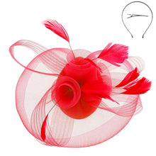 Load image into Gallery viewer, DST Red Flowers Derby Tilt Feather Fascinator
