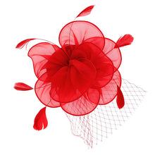 Load image into Gallery viewer, DST Red Flower Net Derby Tilt Feather Fascinator
