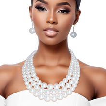 Cargar imagen en el visor de la galería, White Pearl 3-Strand Rhodium-Plated Necklace Set
