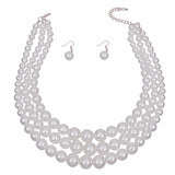 White Pearl 3-Strand Rhodium-Plated Necklace Set