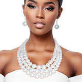 White Pearl 3-Strand Rhodium-Plated Necklace Set