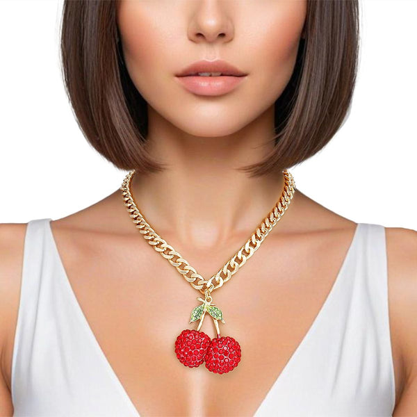 Pendant Cherry Red Gold Chunky Chain Necklace