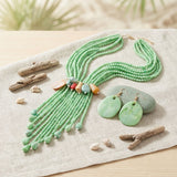 Marbled Green and Stone Bead Tassel Y Necklace